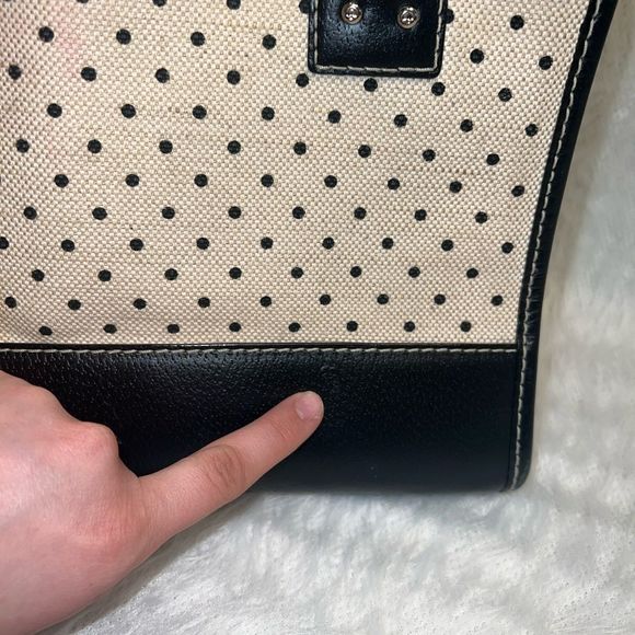 Kate spade Polka Dot Wellesley Quinn Black Khaki Canvas Leather Tote - Picture 9 of 16